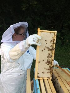 A woman in white suit holding up a frame with bees.