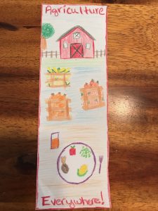 A paper with an image of a barn and some food.