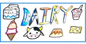 A cow is drawn in the letters of dairy.