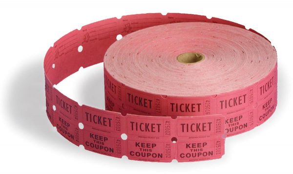 A roll of pink tickets with the word " ticket " written on it.