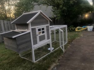 A chicken coop with a cage attached to it.