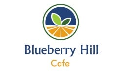 A blue and yellow logo for blueberry hill cafe.