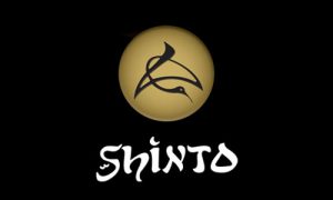 A black and yellow logo with the word shinto underneath it.